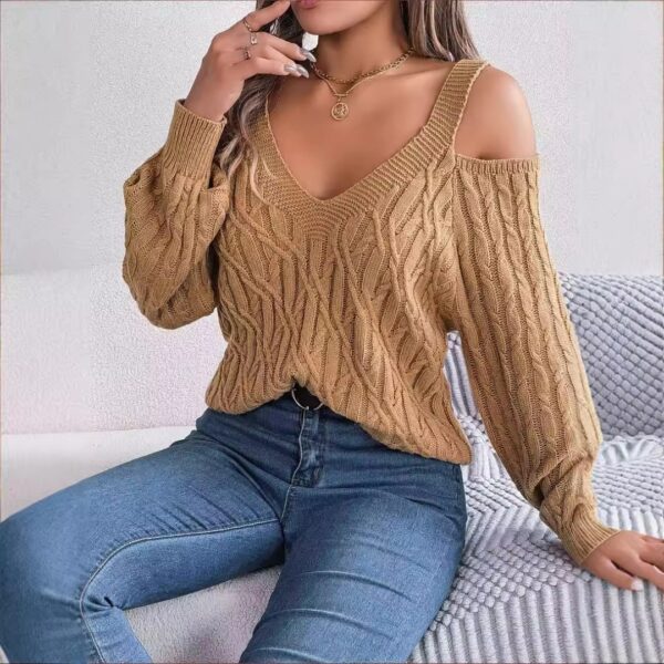 Real Shot Autumn-Winter 2025 Casual Solid Color Fried Dough Twists Off Shoulder Lantern Sleeve Sweater