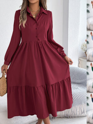 Autumn And Winter Collar Casual Loose Long Sleeve Ruffled Shirt Dress