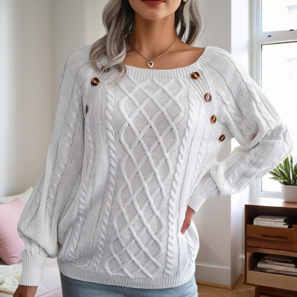 Women's Solid Color Casual Square Neck Button-Detail Knit Top - Textured Ribbed Pattern, Cozy Fall&Winter Sweater