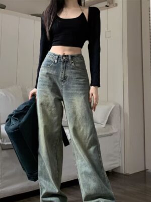 2025 New Retro Style, Washed Plain Loose Fit, Casual Style, Zipper Button Closure Jeans, Suitable For All Seasons, Versatile And Error Free.