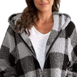 Women's Plaid Hooded Jacket, Long Sleeve Zip Up Oversized Coat With Pockets For Winter Casual And Commute