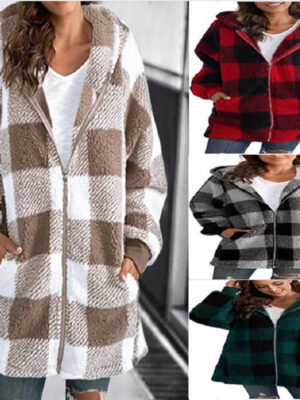 Women's Plaid Hooded Jacket, Long Sleeve Zip Up Oversized Coat With Pockets For Winter Casual And Commute