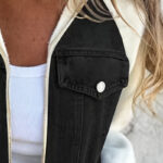Women's Denim Patchwork Zip-Up Jacket Stand Collar Casual Coat With Button-Decorated Flap Pockets Fall Winter Fashion Outerwear