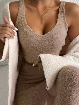 3pcs Womens Clothing Long Sleeve Crop Tank Top And Drawstring Shorts Pajama Set