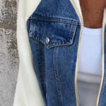 Women's Denim Patchwork Zip-Up Jacket Stand Collar Casual Coat With Button-Decorated Flap Pockets Fall Winter Fashion Outerwear