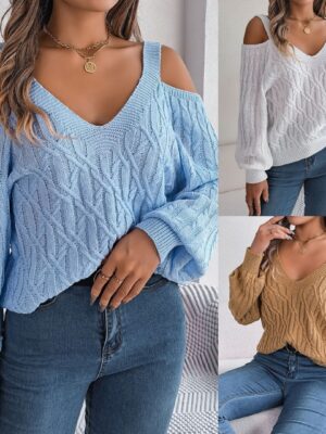 Real Shot Autumn-Winter 2025 Casual Solid Color Fried Dough Twists Off Shoulder Lantern Sleeve Sweater