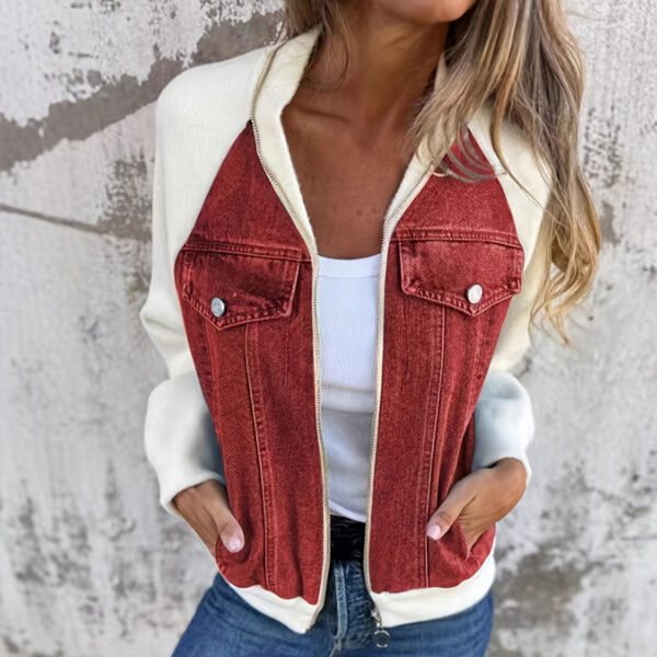 Women's Denim Patchwork Zip-Up Jacket Stand Collar Casual Coat With Button-Decorated Flap Pockets Fall Winter Fashion Outerwear