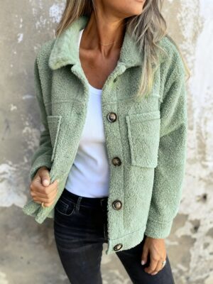 Plus Size Women's Solid Color Sherpa Jacket, Long Sleeve Lapel Single Breasted Fleece Coat With Pockets For Autumn Winter