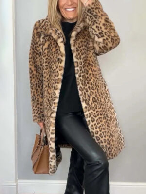 Women's Leopard Print Plush Jacket, Cozy Loose-Fit Warm Coat Elegant Medium-Length Fall Winter Outwear