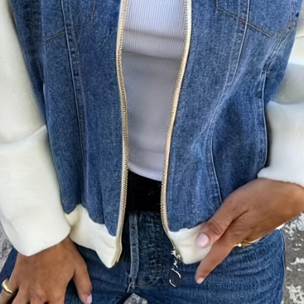 Women's Denim Patchwork Zip-Up Jacket Stand Collar Casual Coat With Button-Decorated Flap Pockets Fall Winter Fashion Outerwear