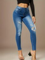 2024 New Fashion Stylish Women's Skinny Fit Jeans - High-Waist, Frayed Hem, Distressed Washed Denim Pants With Stretch For Comfortable Street Style Fashion - Women Clothing