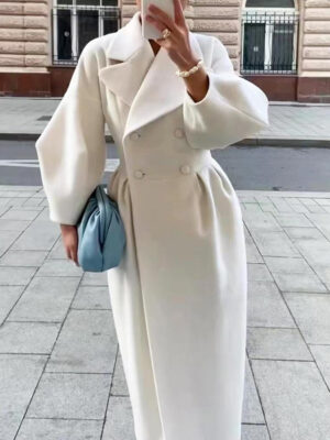 Women's Classic Winter Long Coat, Double-Breasted Belted Trench With Wide Lapel, Solid Color Oversized Overcoat For Casual Style