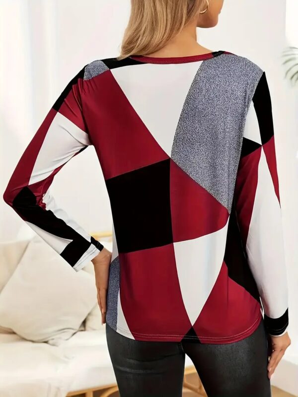 Autumn And Winter New Fashion Color-block Print Long Sleeve Crew Neck T-shirt