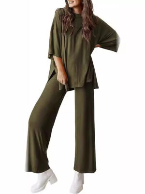 Casual Short-sleeved Pullover Top Wide-leg Pants Casual Suit