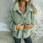 Plus Size Women's Solid Color Sherpa Jacket, Long Sleeve Lapel Single Breasted Fleece Coat With Pockets For Autumn Winter