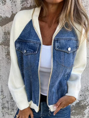 Women's Denim Patchwork Zip-Up Jacket Stand Collar Casual Coat With Button-Decorated Flap Pockets Fall Winter Fashion Outerwear