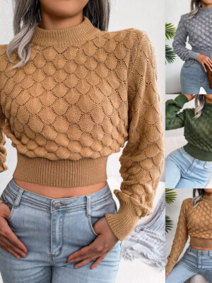 Autumn And Winter 3D Diamond Long-Sleeve Cropped Knit Sweater