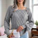 Women's Solid Color Casual Square Neck Button-Detail Knit Top - Textured Ribbed Pattern, Cozy Fall&Winter Sweater