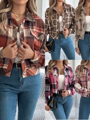 Autumn And Winter Casual Plaid Pocket Long Sleeve Woolen Jacket Coat